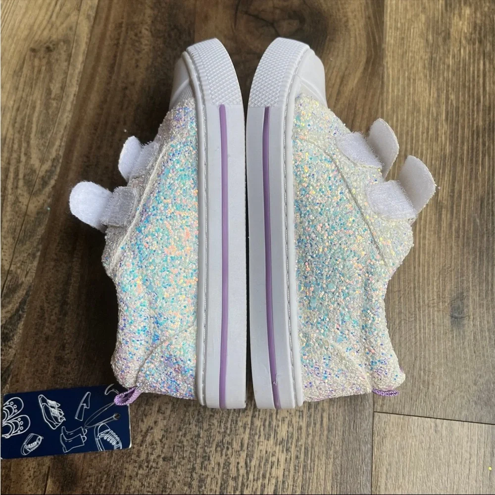 Kids Glitter Velcro Sneaker - White with Purple Accents